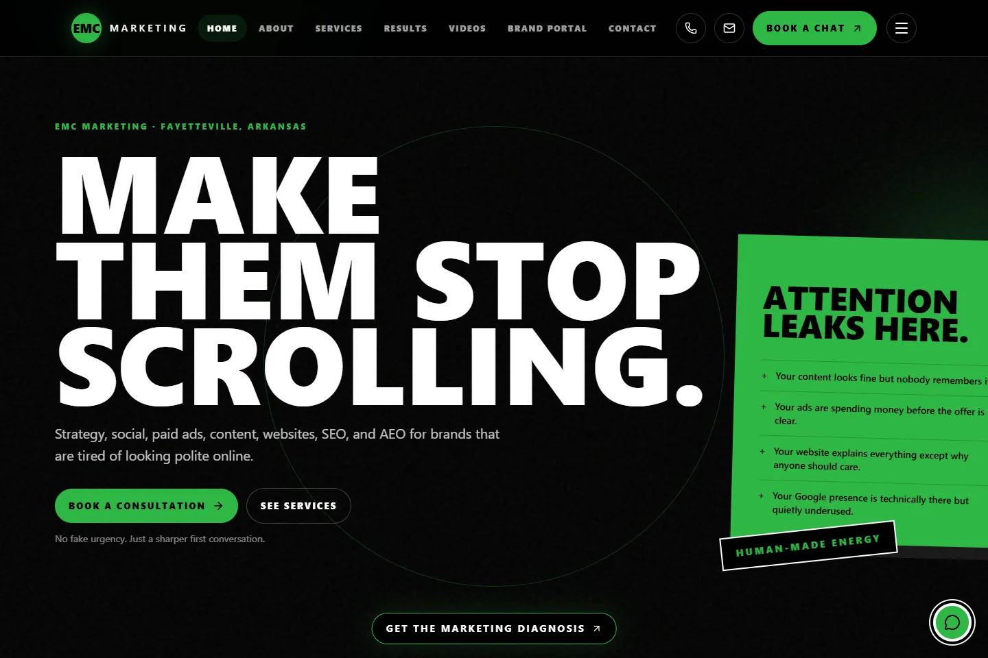 EMC Marketing website with a bold green and black brand system
