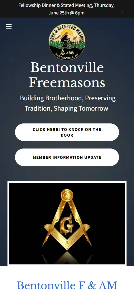 Bentonville Masonic Lodge #56 website on a mobile screen