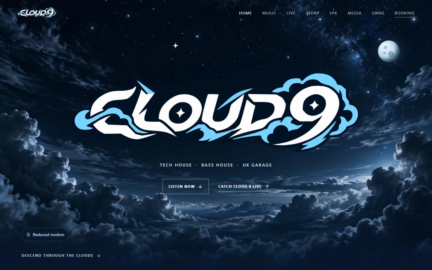 DJ Cloud 9 artist website with its Cloud 9 logo against a night sky and clouds