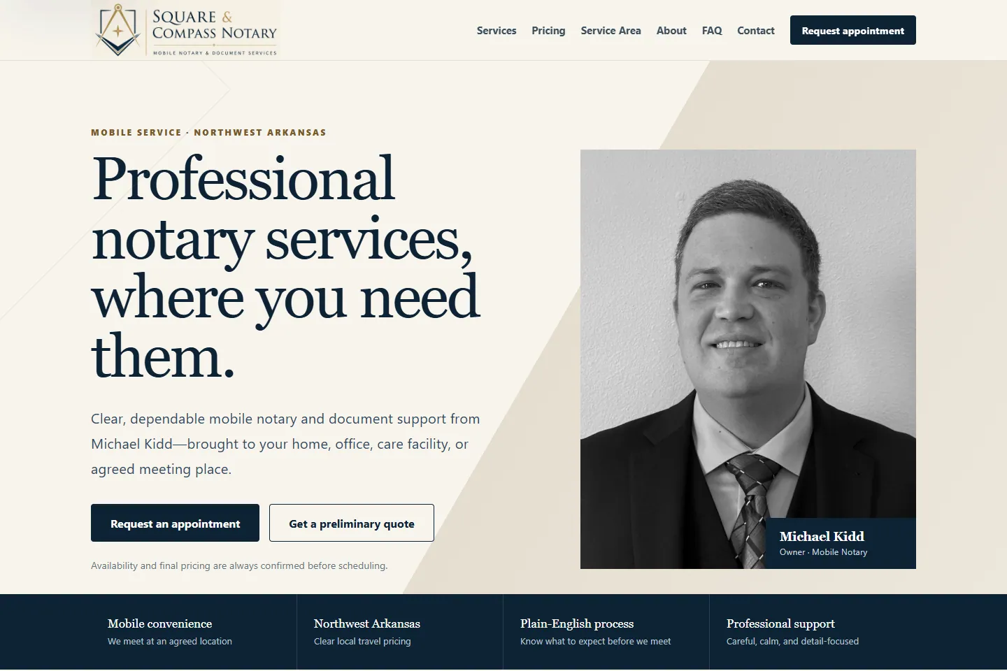Square and Compass Notary mobile notary service website