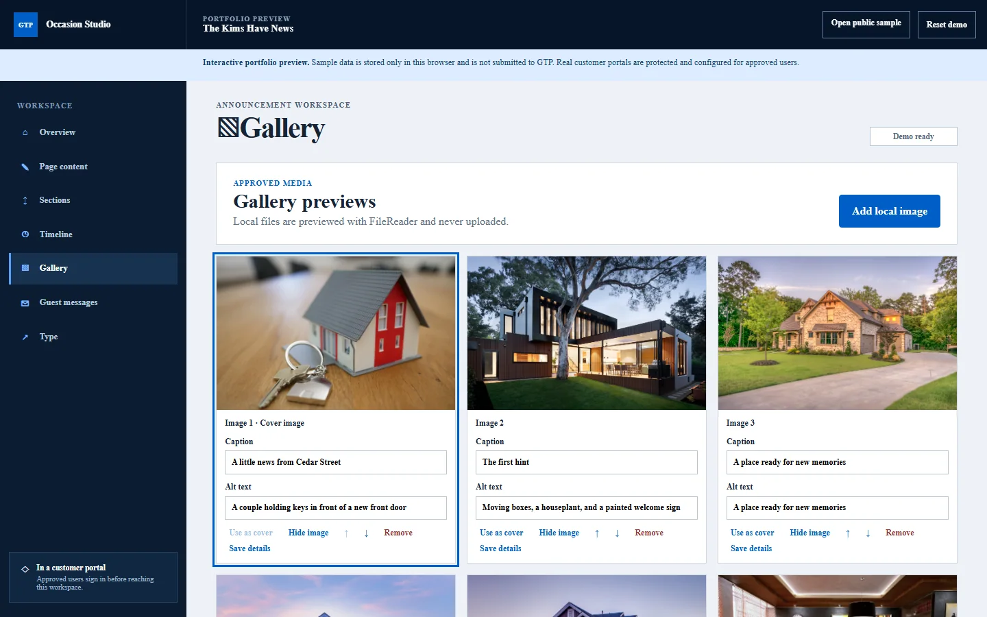 Announcements client portal gallery preview