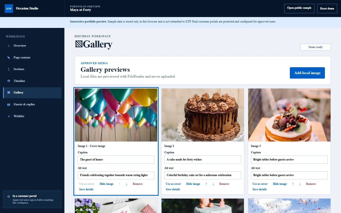 Birthdays client portal gallery preview