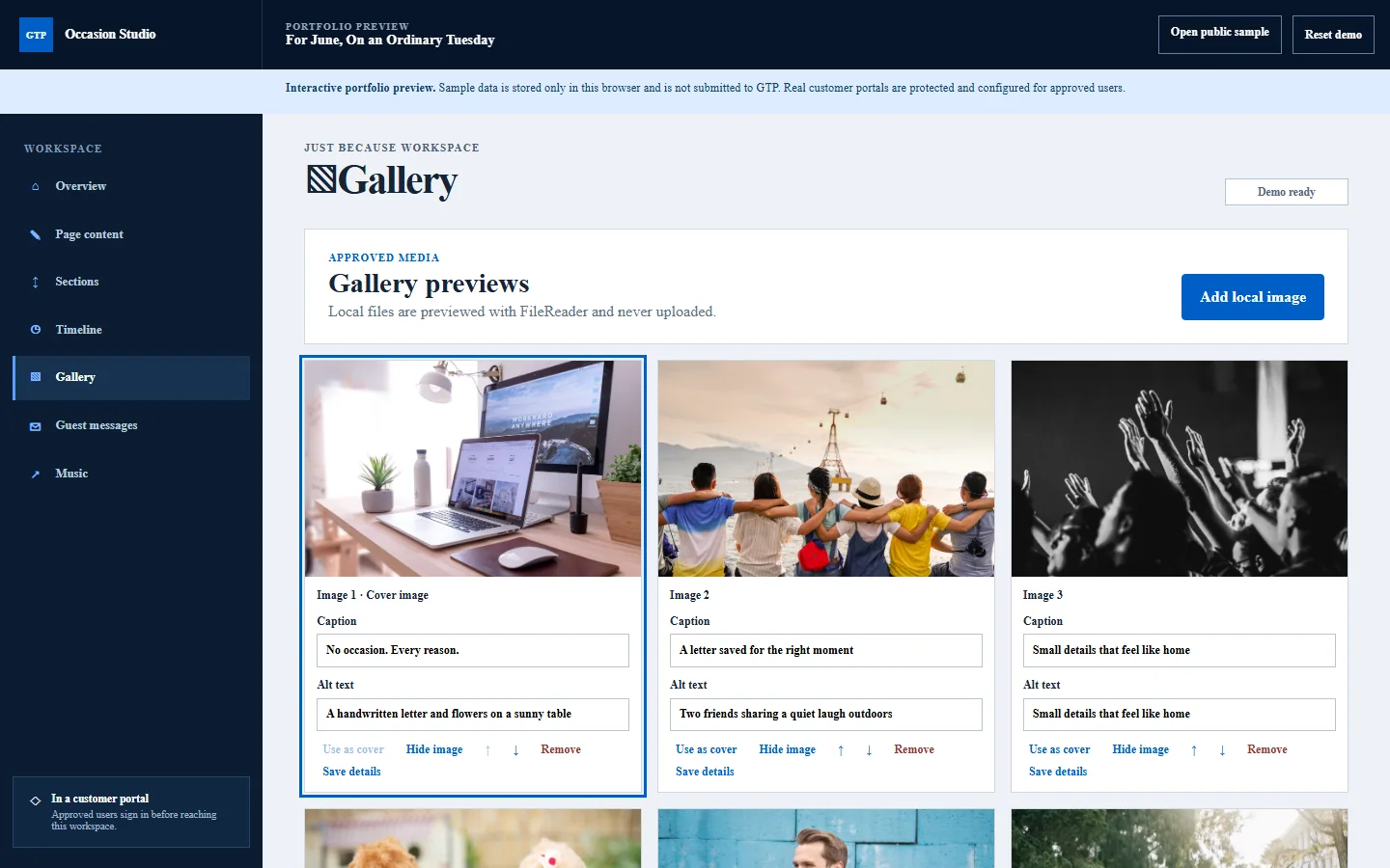 Just Because client portal gallery preview