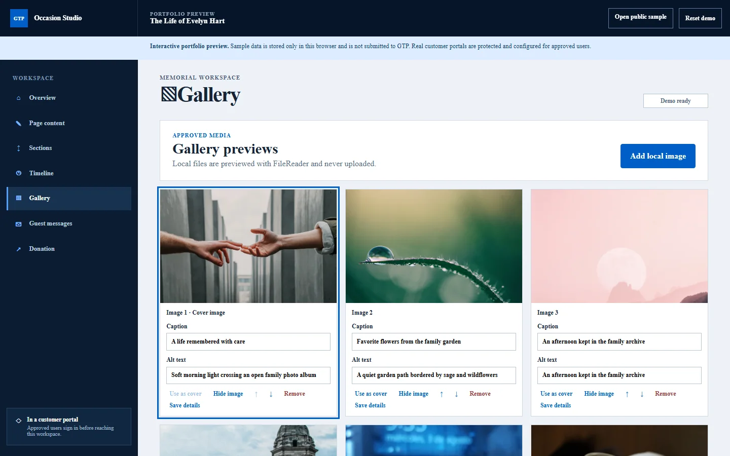 Memorials client portal gallery preview