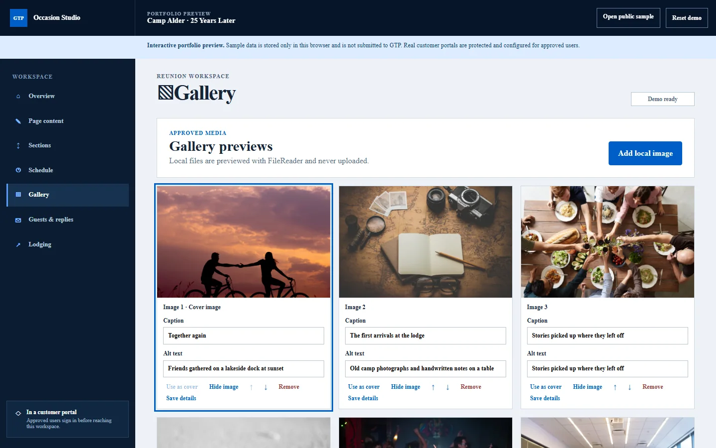 Reunions client portal gallery preview