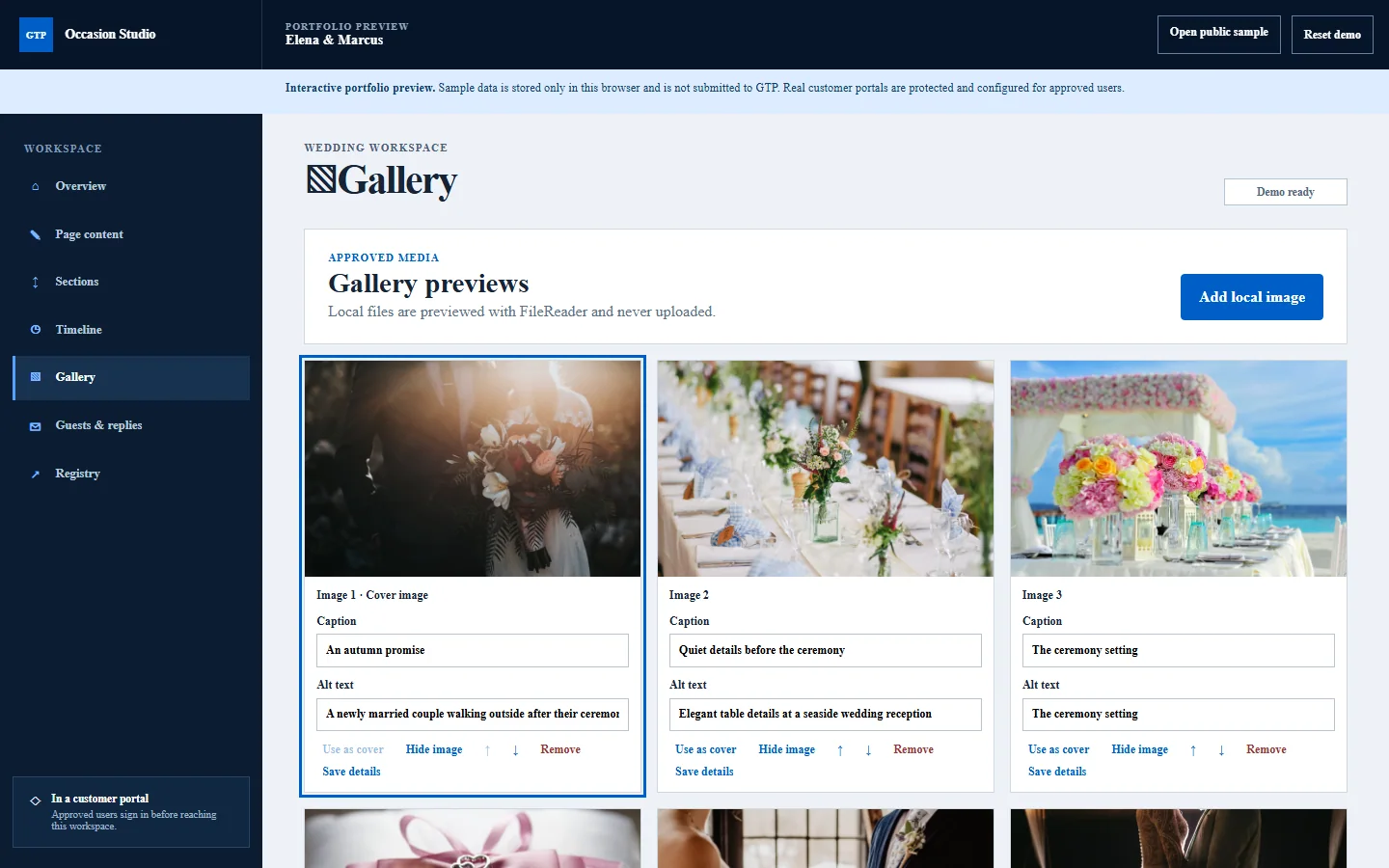 Weddings client portal gallery preview